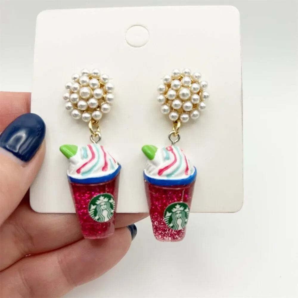 Fun Novelty Faux Pearl Textured Frappuccino Coffee Theme Stud Dangle Earrings